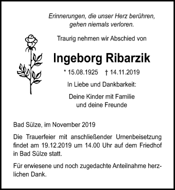 Traueranzeige von Ingeborg Ribarzik von Ostsee-Zeitung GmbH
