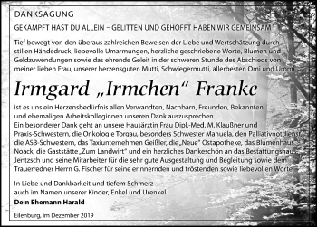 Traueranzeige von Irmgard Franke von Leipziger Volkszeitung