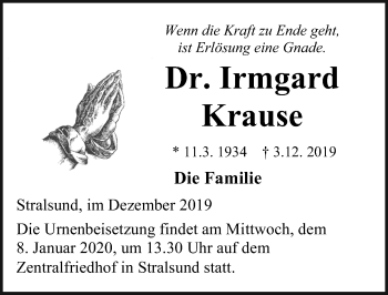 Traueranzeige von Irmgard Krause von Ostsee-Zeitung GmbH