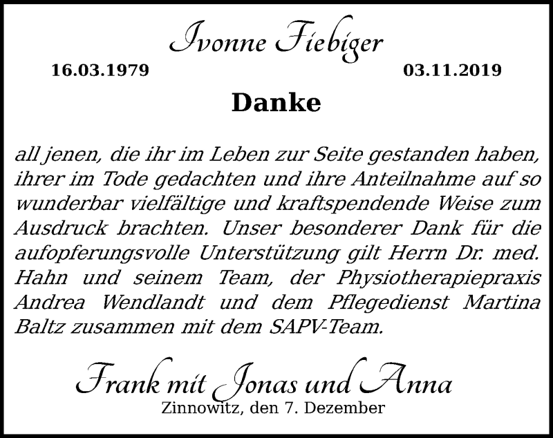 Traueranzeige für Ivonne Fiebiger vom 07.12.2019 aus Ostsee-Zeitung GmbH