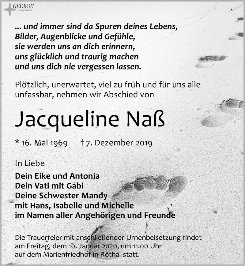  Traueranzeige für Jacqueline Naß vom 21.12.2019 aus Leipziger Volkszeitung