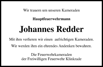 Traueranzeige von Johannes Redder von Lübecker Nachrichten