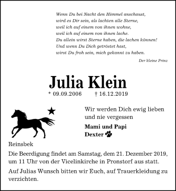 Traueranzeige von Julia Klein von Kieler Nachrichten