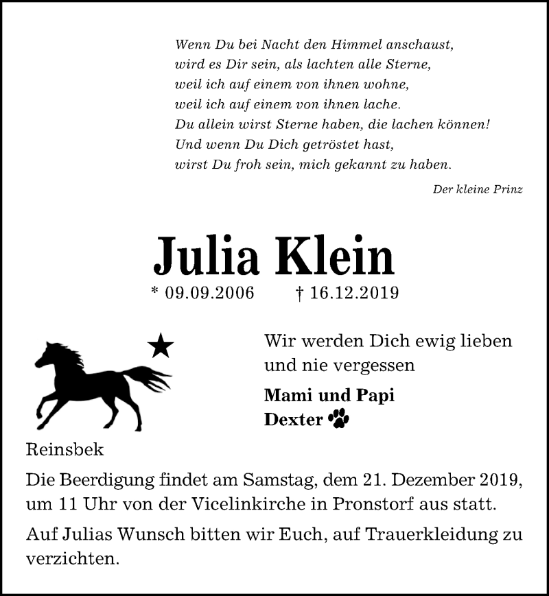  Traueranzeige für Julia Klein vom 19.12.2019 aus Lübecker Nachrichten