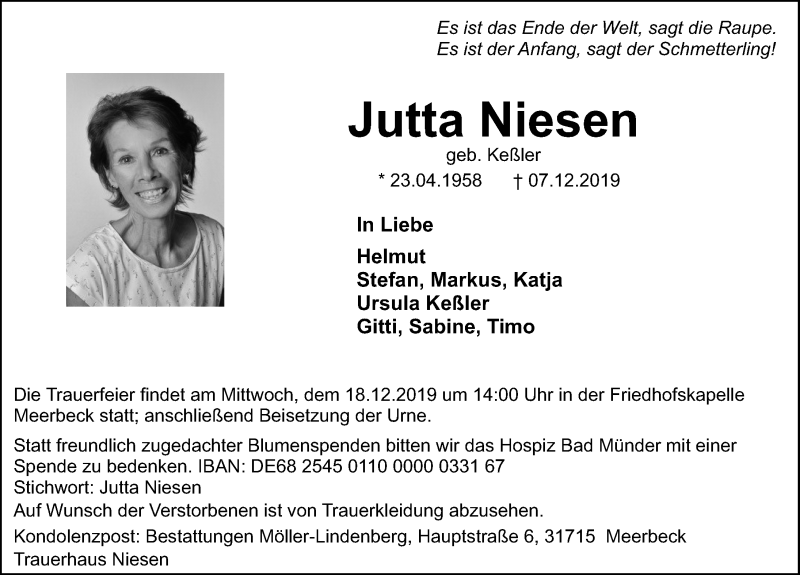  Traueranzeige für Jutta Niesen vom 11.12.2019 aus Schaumburger Nachrichten