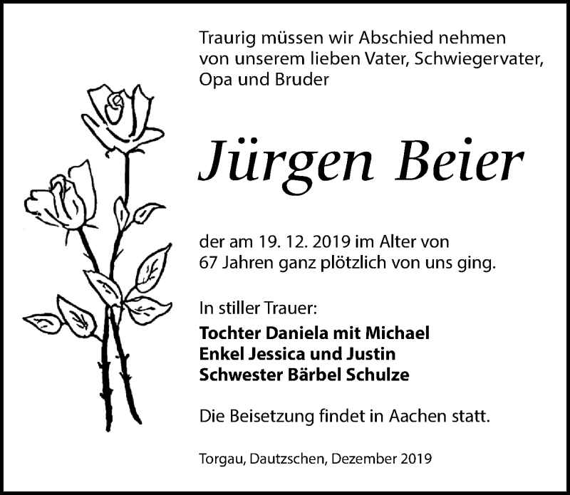  Traueranzeige für Jürgen Beier vom 28.12.2019 aus Torgauer Zeitung