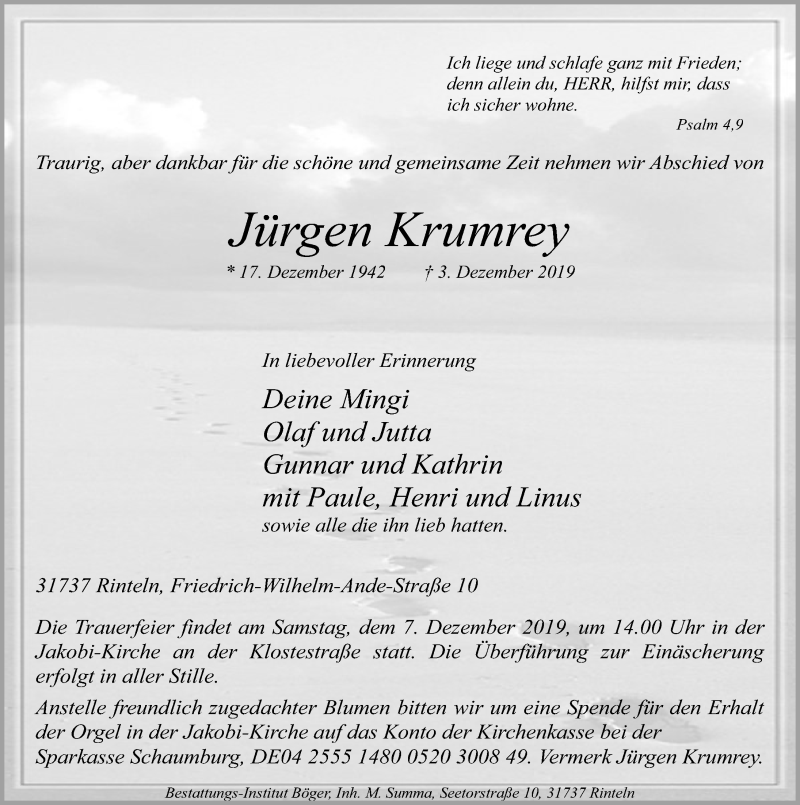  Traueranzeige für Jürgen Krumrey vom 05.12.2019 aus Schaumburger Nachrichten