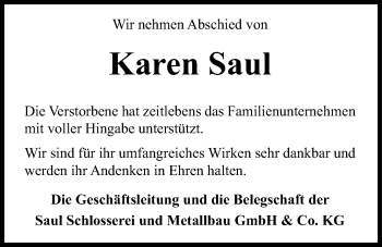 Traueranzeige von Karen Saul von Kieler Nachrichten