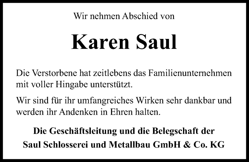  Traueranzeige für Karen Saul vom 28.12.2019 aus Kieler Nachrichten