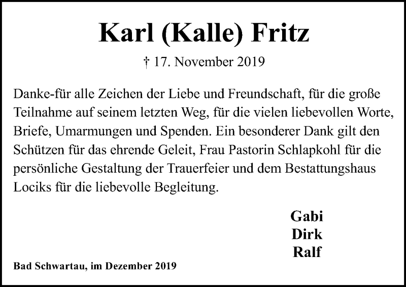  Traueranzeige für Karl Fritz vom 04.12.2019 aus Lübecker Nachrichten