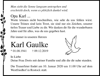 Traueranzeige von Karl Gaulke von Ostsee-Zeitung GmbH