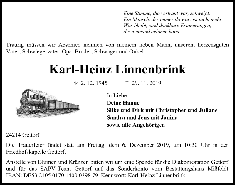  Traueranzeige für Karl-Heinz Linnenbrink vom 04.12.2019 aus Kieler Nachrichten