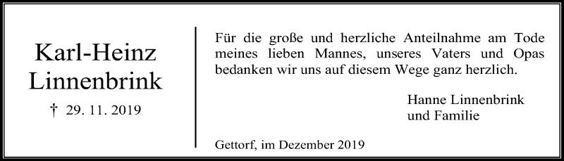  Traueranzeige für Karl-Heinz Linnenbrink vom 21.12.2019 aus Kieler Nachrichten