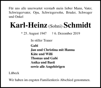 Traueranzeige von Karl-Heinz Schmidt von Lübecker Nachrichten