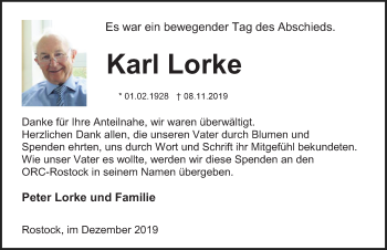 Traueranzeige von Karl Lorke von Ostsee-Zeitung GmbH