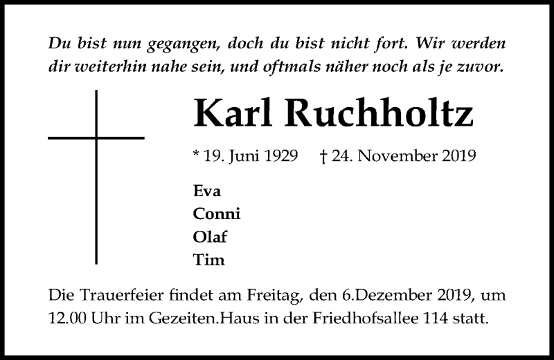  Traueranzeige für Karl Ruchholtz vom 01.12.2019 aus Lübecker Nachrichten
