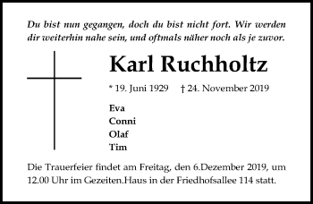 Traueranzeige von Karl Ruchholtz von Lübecker Nachrichten