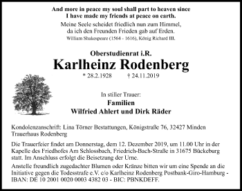 Traueranzeige von Karlheinz Rodenberg von Schaumburger Nachrichten