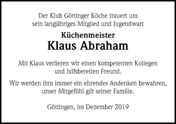 Traueranzeige von Klaus Abraham von Göttinger Tageblatt