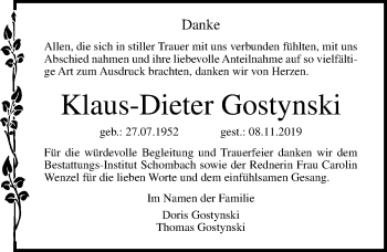 Traueranzeige von Klaus-Dieter Gostynski von Ostsee-Zeitung GmbH