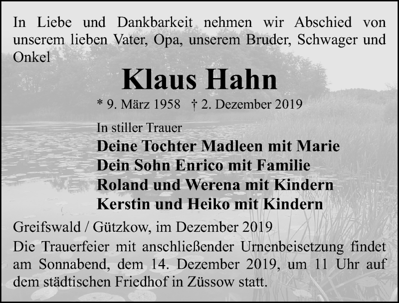  Traueranzeige für Klaus Hahn vom 07.12.2019 aus Ostsee-Zeitung GmbH