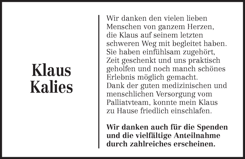  Traueranzeige für Klaus Kalies vom 14.12.2019 aus Kieler Nachrichten