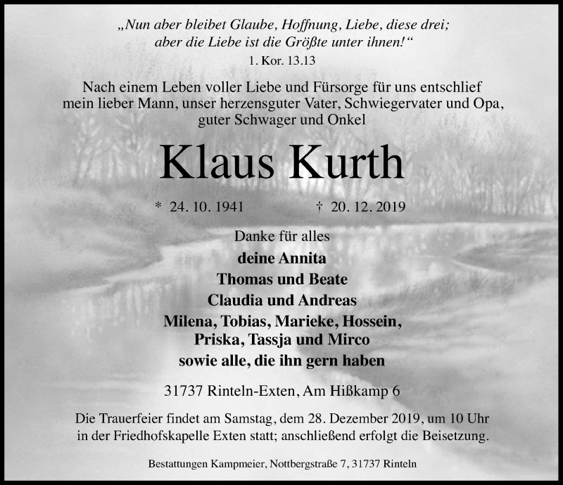  Traueranzeige für Klaus Kurth vom 24.12.2019 aus Schaumburger Nachrichten