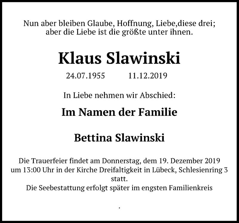  Traueranzeige für Klaus Slawinski vom 15.12.2019 aus Lübecker Nachrichten