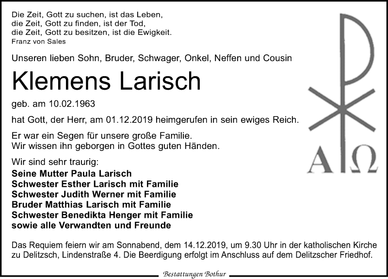  Traueranzeige für Klemens Larisch vom 07.12.2019 aus Leipziger Volkszeitung