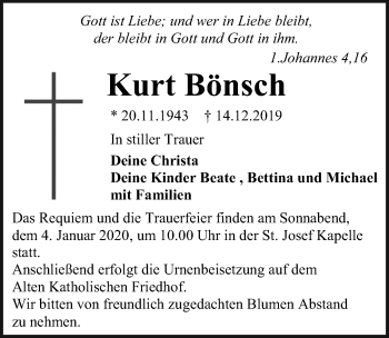 Traueranzeige von Kurt Bönsch von Ostsee-Zeitung GmbH