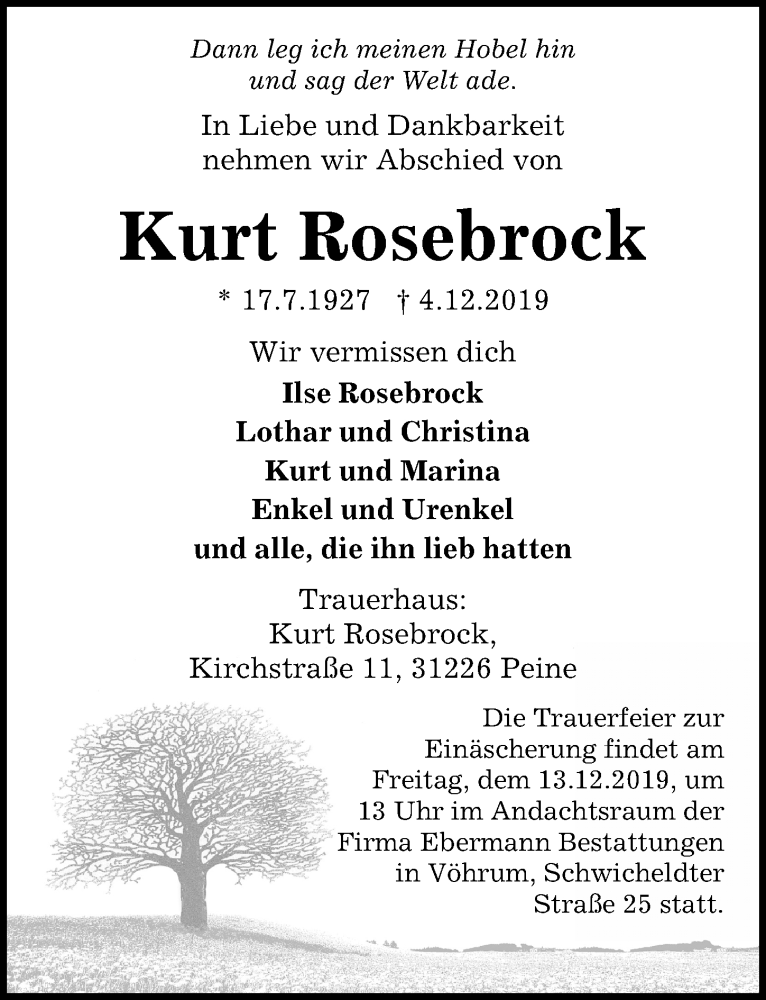  Traueranzeige für Kurt Rosebrock vom 07.12.2019 aus Peiner Allgemeine Zeitung
