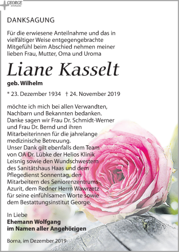 Traueranzeige von Liane Kasselt von Leipziger Volkszeitung