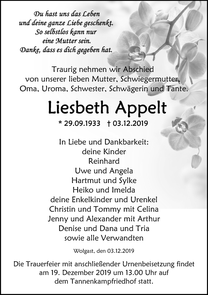  Traueranzeige für Liesbeth Appelt vom 07.12.2019 aus Ostsee-Zeitung GmbH