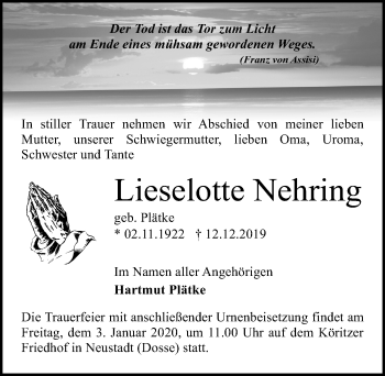 Traueranzeige von Lieselotte Nehring