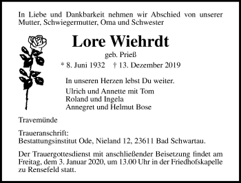 Traueranzeige von Lore Wiehrdt von Lübecker Nachrichten