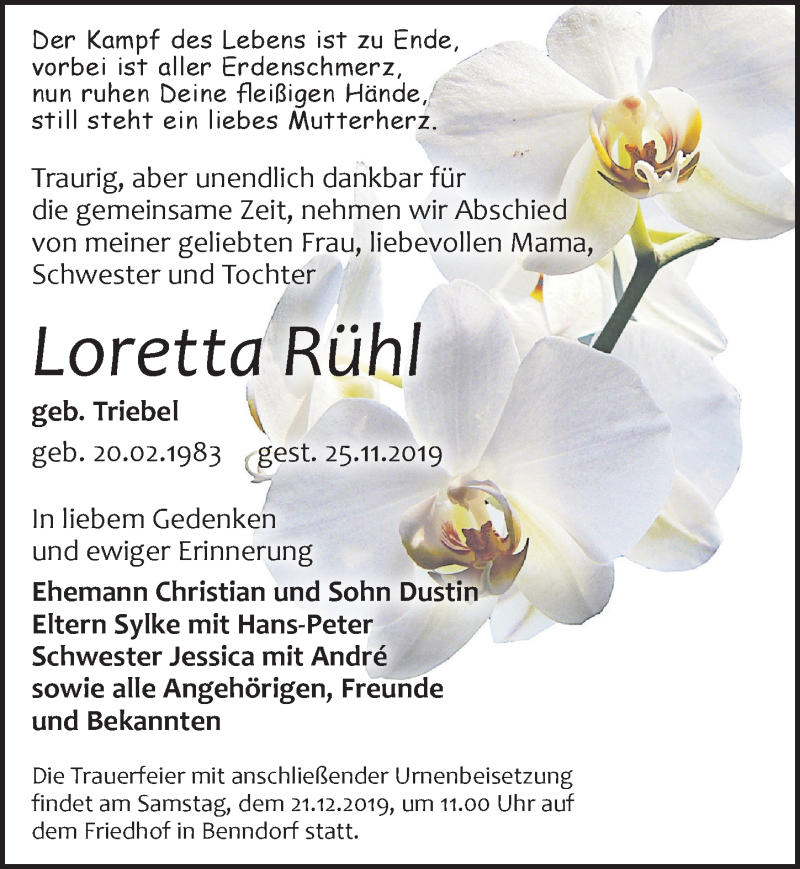  Traueranzeige für Loretta Rühl vom 07.12.2019 aus Leipziger Volkszeitung