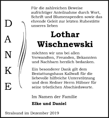 Traueranzeige von Lothar Wischnewski von Ostsee-Zeitung GmbH