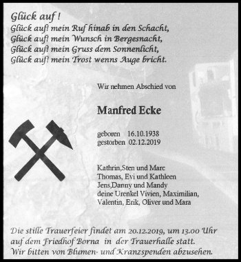 Traueranzeige von Manfred Ecke von Leipziger Volkszeitung