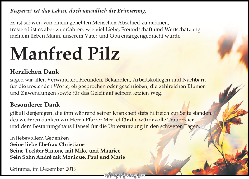  Traueranzeige für Manfred Pilz vom 21.12.2019 aus Leipziger Volkszeitung