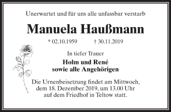 Traueranzeige von Manuela Haußmann von Märkischen Allgemeine Zeitung