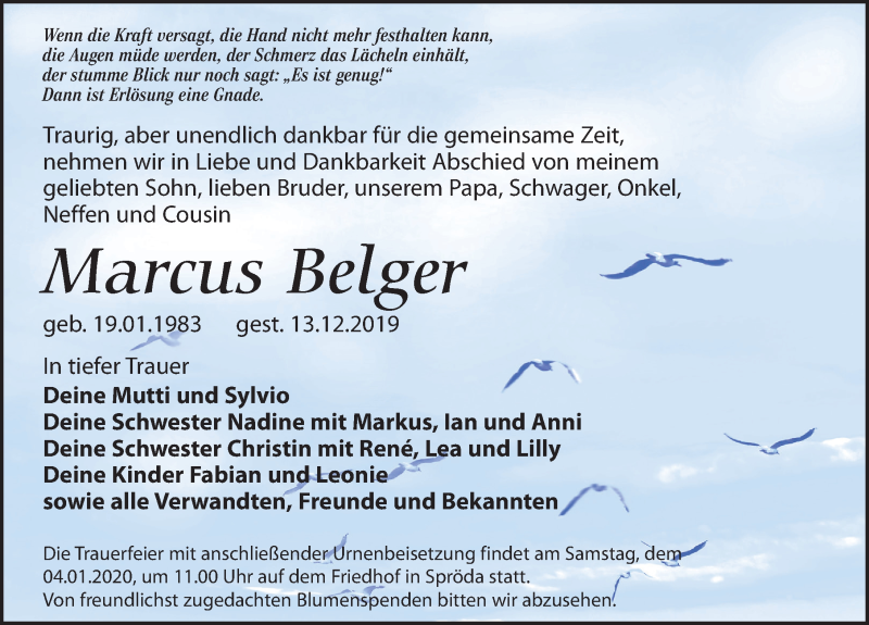  Traueranzeige für Marcus Belger vom 21.12.2019 aus Leipziger Volkszeitung