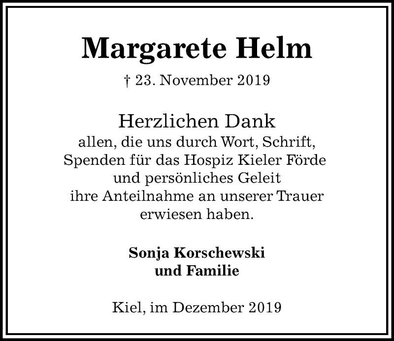  Traueranzeige für Margarete Helm vom 14.12.2019 aus Kieler Nachrichten