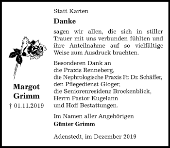 Traueranzeige von Margot Grimm von Peiner Allgemeine Zeitung