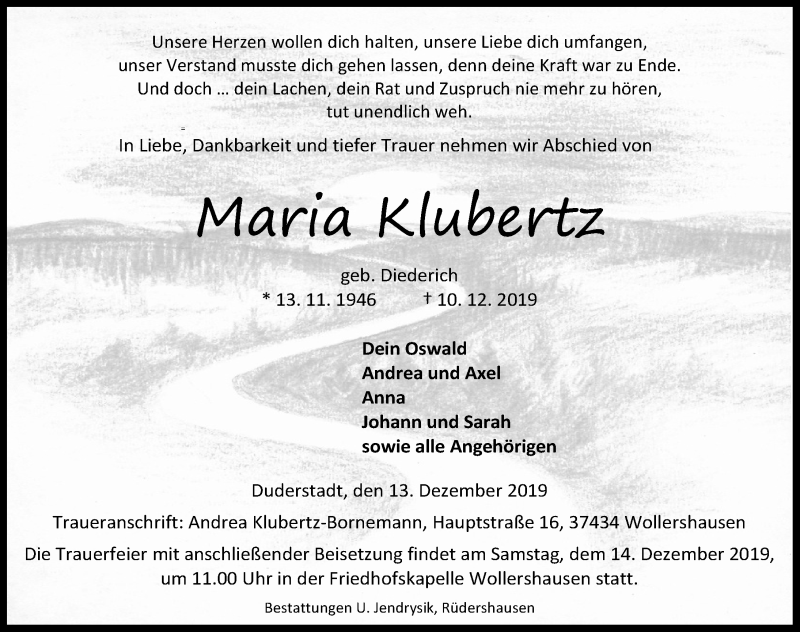 Traueranzeige für Maria Klubertz vom 13.12.2019 aus Eichsfelder Tageblatt