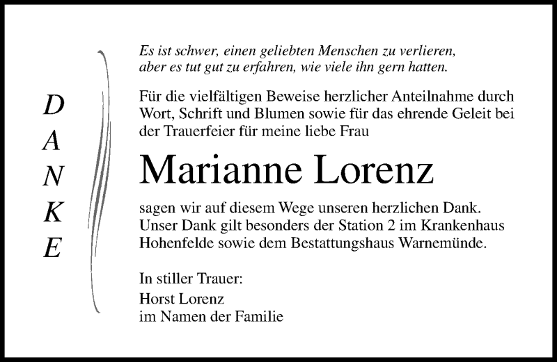  Traueranzeige für Marianne Lorenz vom 14.12.2019 aus Ostsee-Zeitung GmbH