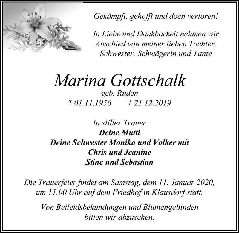  Traueranzeige für Marina Gottschalk vom 28.12.2019 aus Märkischen Allgemeine Zeitung