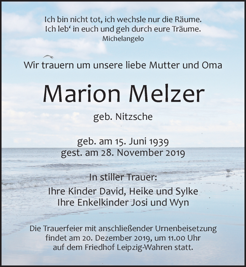  Traueranzeige für Marion Melzer vom 14.12.2019 aus Leipziger Volkszeitung