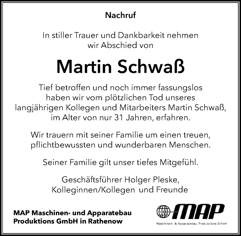  Traueranzeige für Martin Schwaß vom 20.12.2019 aus Märkischen Allgemeine Zeitung
