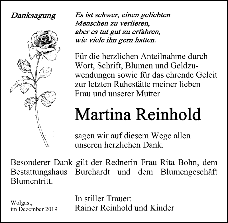  Traueranzeige für Martina Reinhold vom 28.12.2019 aus Ostsee-Zeitung GmbH