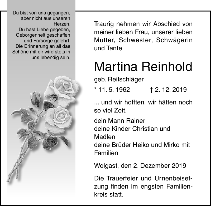  Traueranzeige für Martina Reinhold vom 07.12.2019 aus Ostsee-Zeitung GmbH